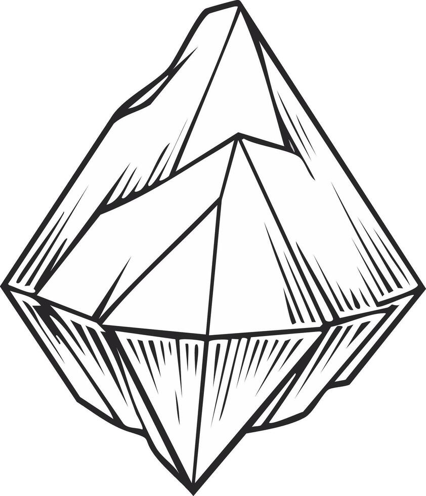 Monochrome mineral illustration with sharp lines showing a crystal structure and unique angles of a diamond vector