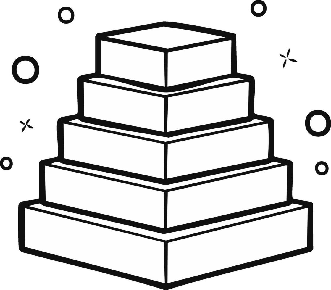 Doodle Style Pyramid Illustration of Five Boxes with Simple Ornaments. Geometric Structure Concept. Hierarchical Diagram Outline vector