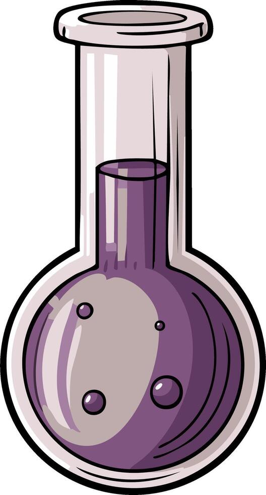 Cartoon illustration of a round bottom flask with a bubbling purple liquid for a science experiment vector