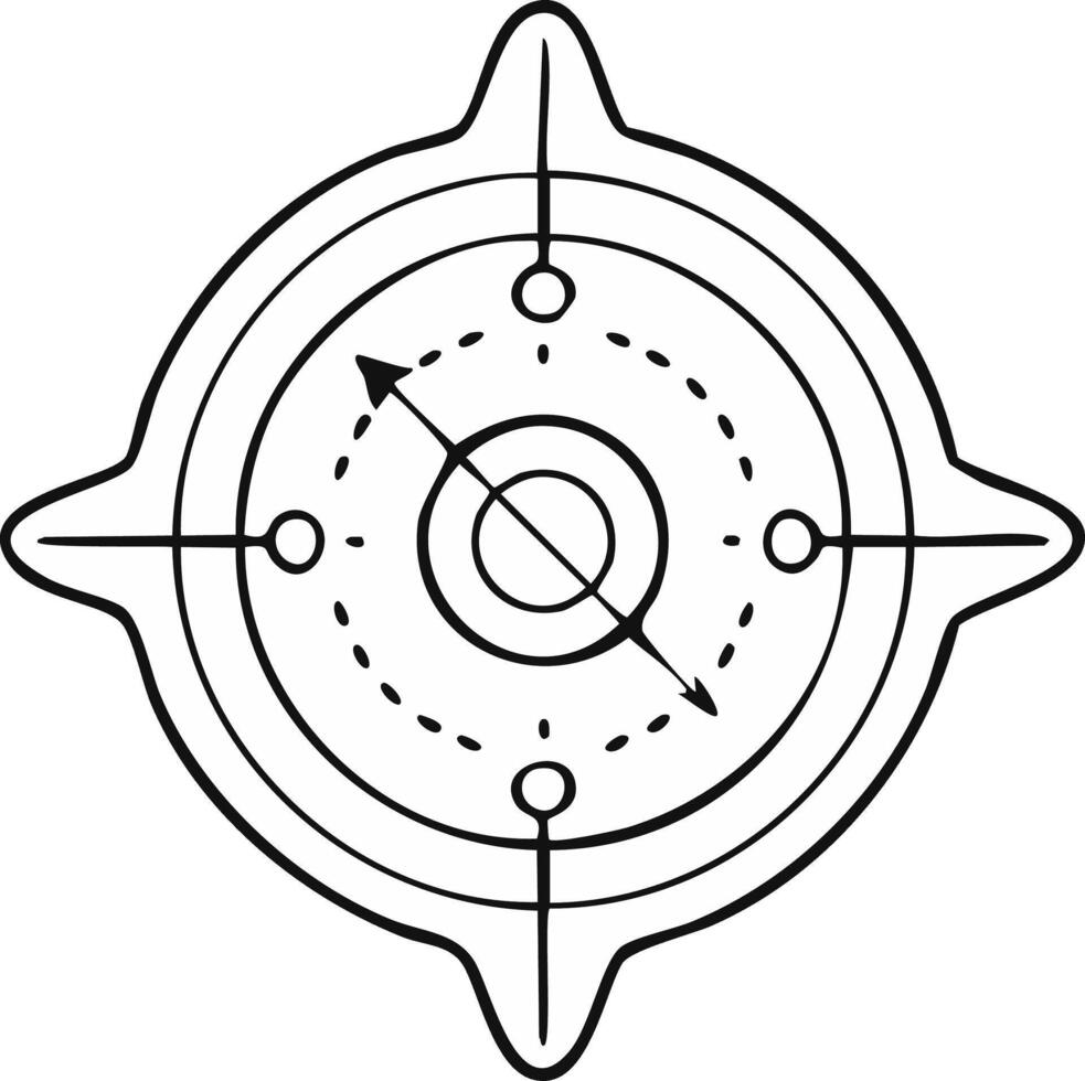 Hand Drawn Compass Rose with Arrows, Circles, and Dotted Lines Depicting Navigation, Orientation, and Guidance vector
