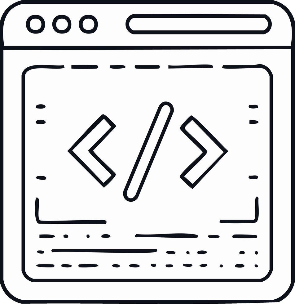Simple outline graphic of a browser window displaying code symbols vector