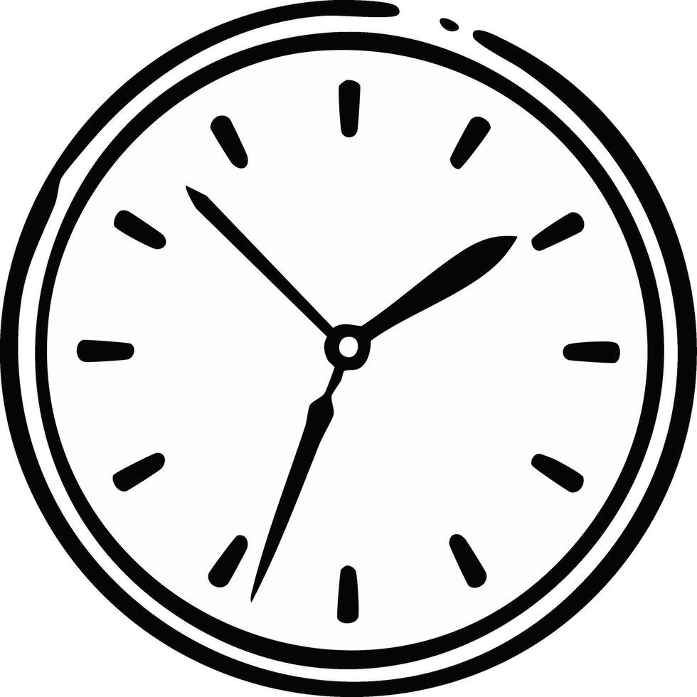 Hand drawn analog clock icon. Simple black and white line art sketch of a round timepiece vector