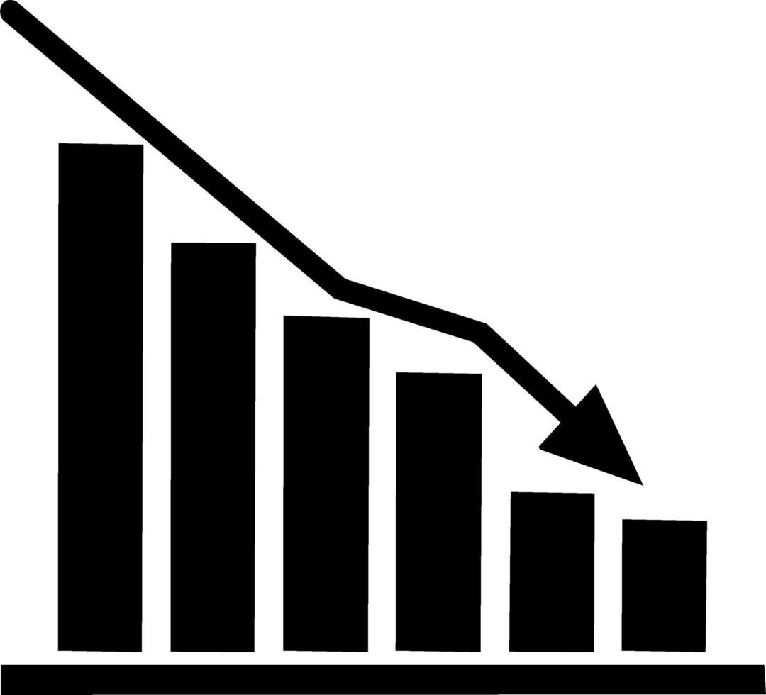 Bar chart showing a downward trend with a falling arrow indicating loss and decline vector
