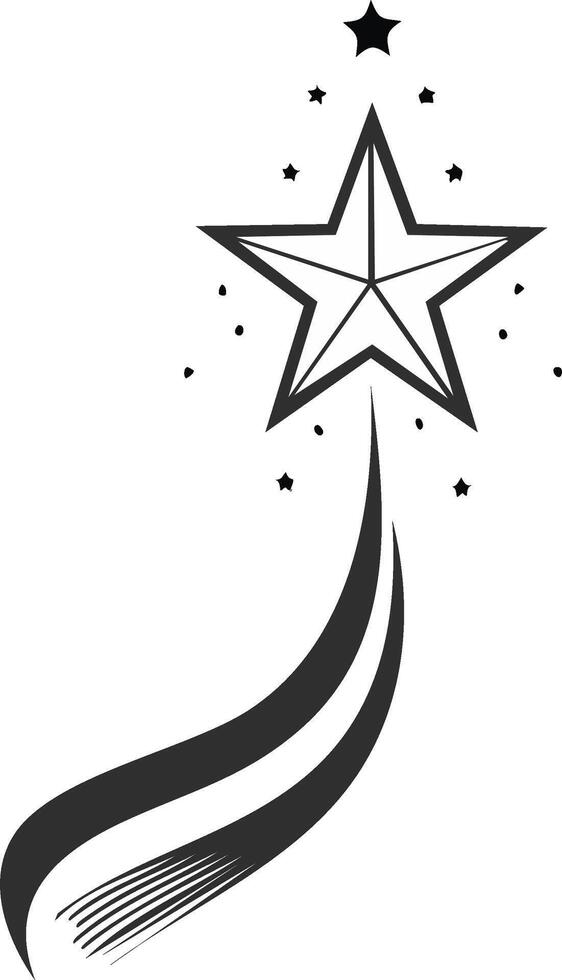 Stylized black and white shooting star illustration with a dynamic swirling comet tail and sparkles vector