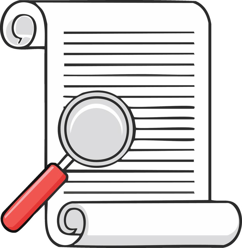 Illustration of a magnifying glass examining a scrolled document with text lines vector