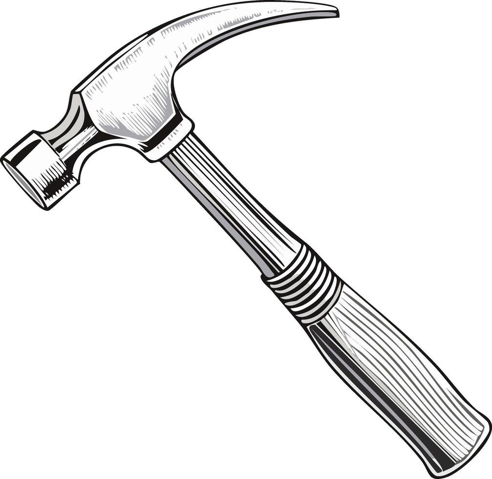 Hammer hand tool art illustration with handle and head details with graphic cross hatching texture elements vector