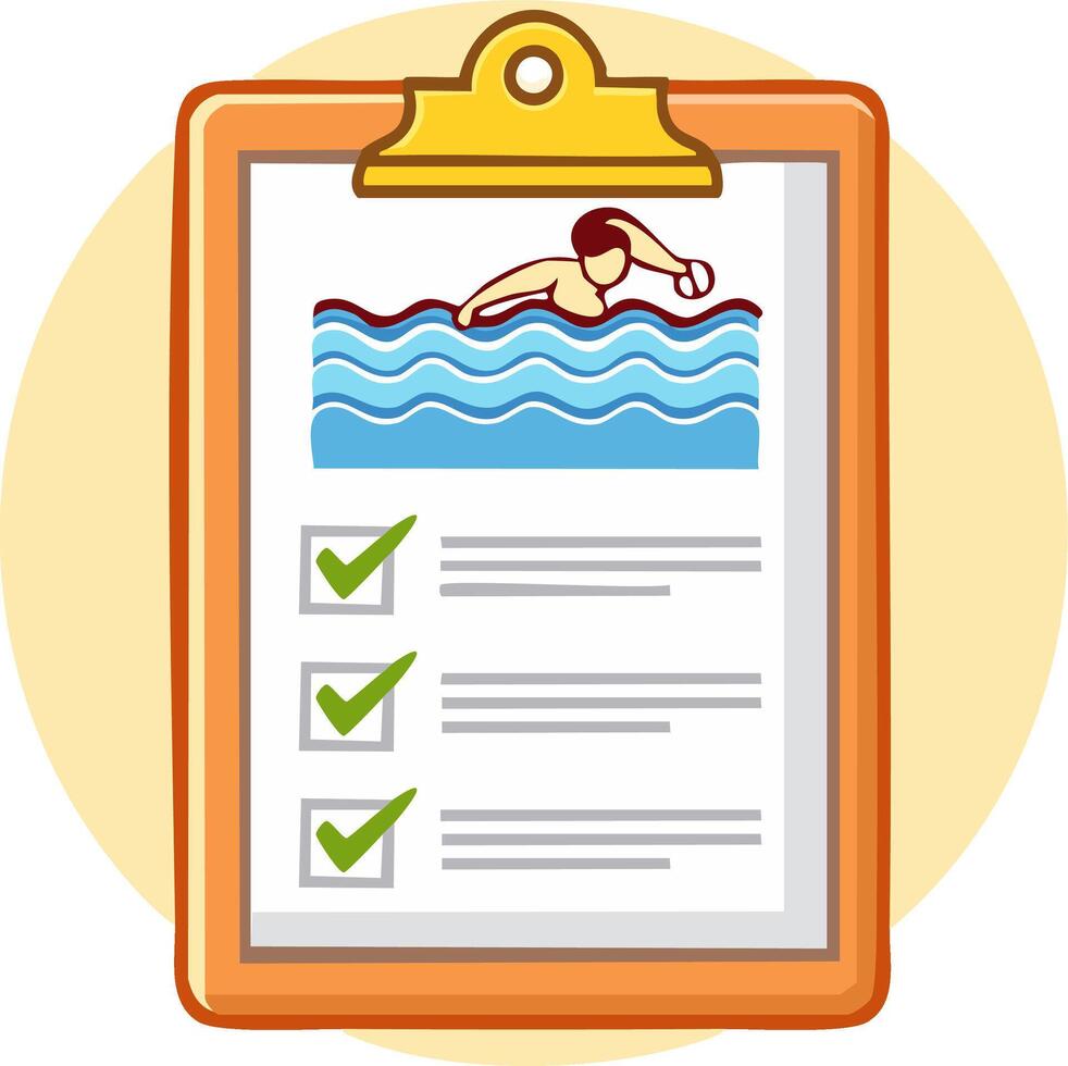Swimming checklist on clipboard with swimmer graphic icon completed tasks vector
