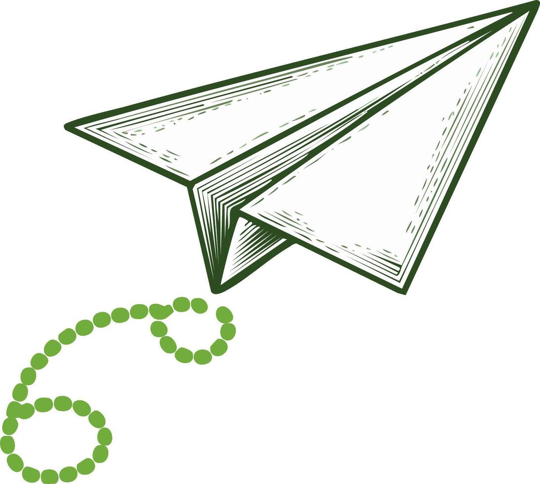 Drawn paper plane with curved line of green dots emphasizing the flight path and direction vector