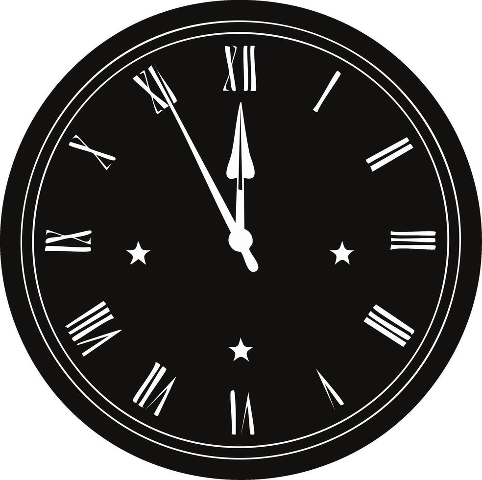 Illustration of a clock face with Roman numerals showing five minutes to twelve vector