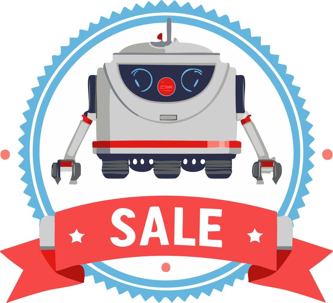 Friendly robot character promoting a sale in a circular badge design with red ribbon vector
