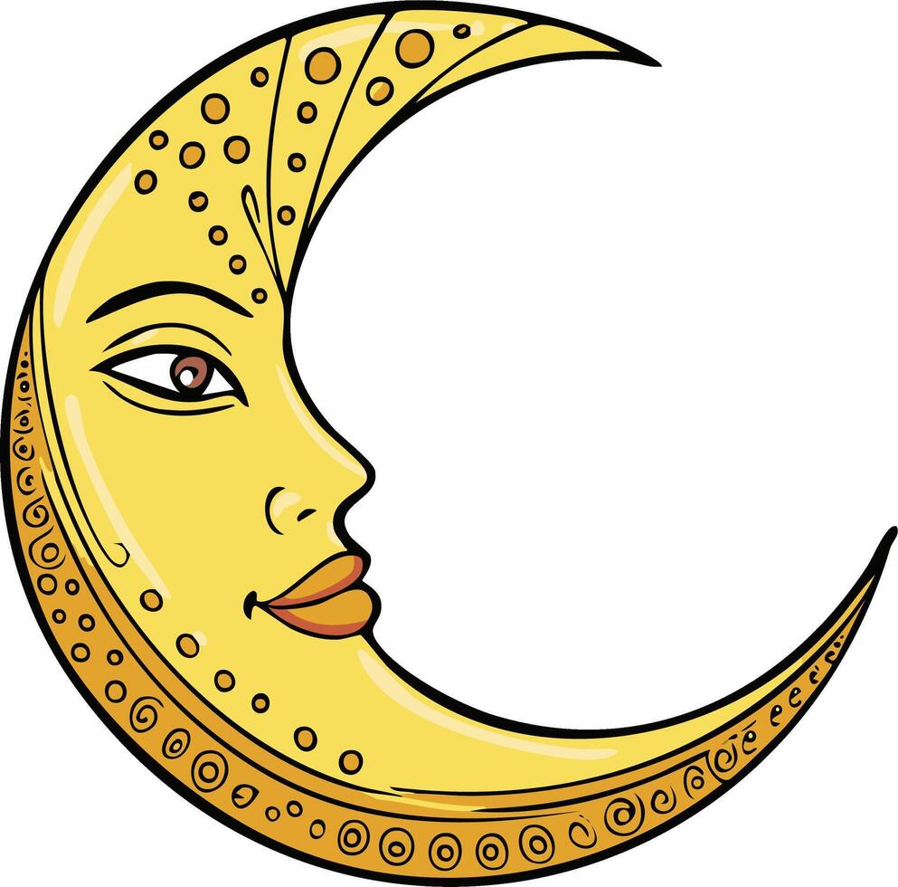Illustration of a smiling moon with a face, adorned with decorative swirls and dots vector