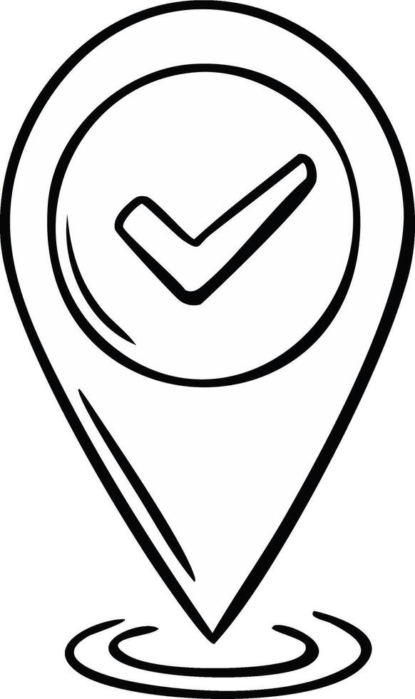 Black and white sketch map pin with check mark symbol representing confirmed location vector