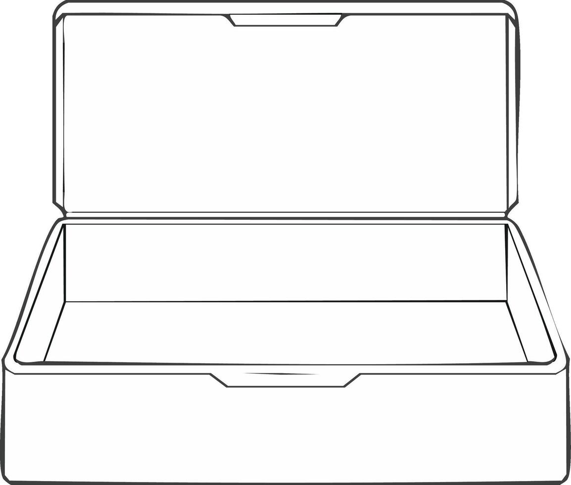Minimalist line art illustration of an open empty rectangular storage container or lunchbox vector