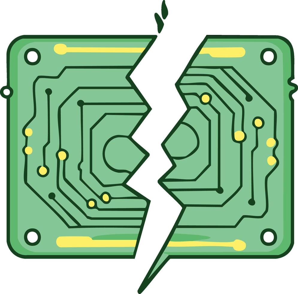 Broken green circuit board split in two halves symbolizing digital system failure and technological damage vector