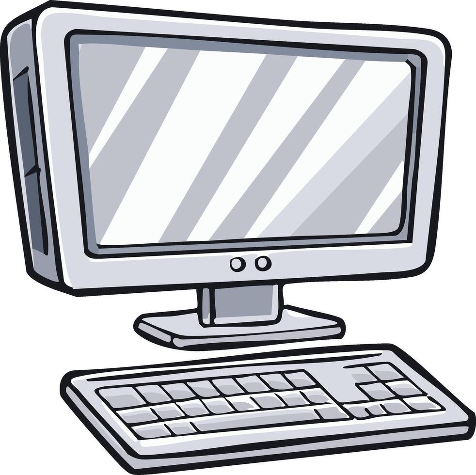 Cartoon Illustration of a Desktop Computer Setup with Monitor and Keyboard vector