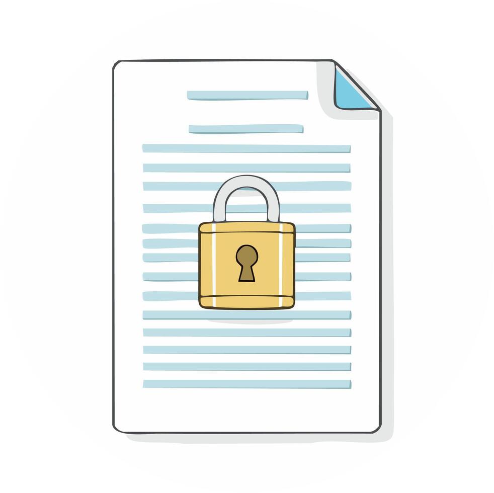 Secure document illustration with a padlock symbolizing data protection and confidential information access control vector
