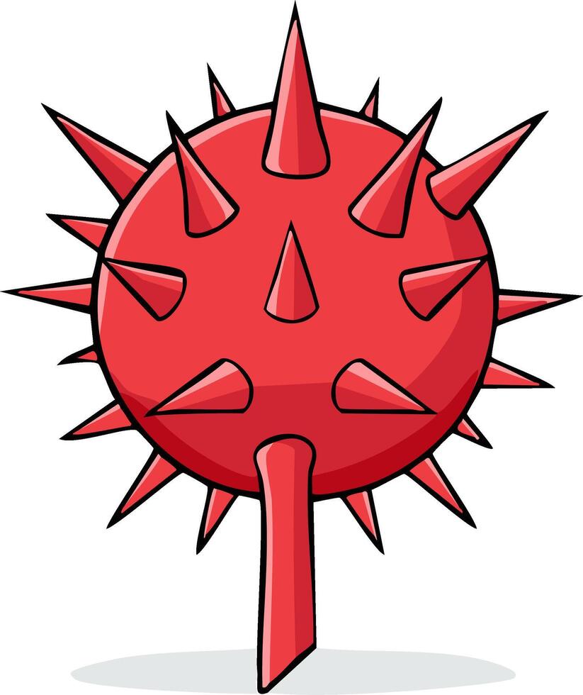 Graphic illustration of a bright red spiked ball with a handle, resembling a dangerous medieval mace vector