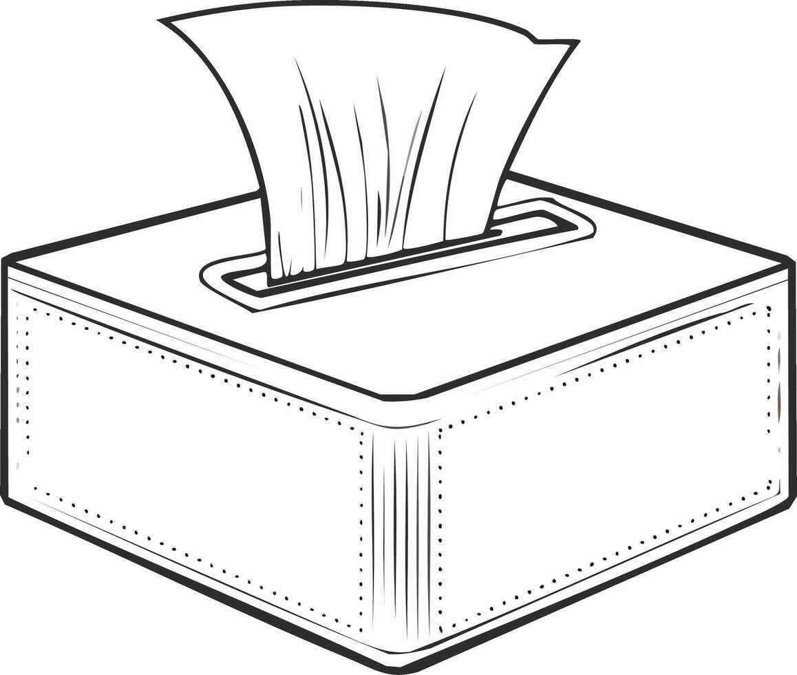 Black and white outline drawing of a tissue box with a single soft paper tissue emerging vector
