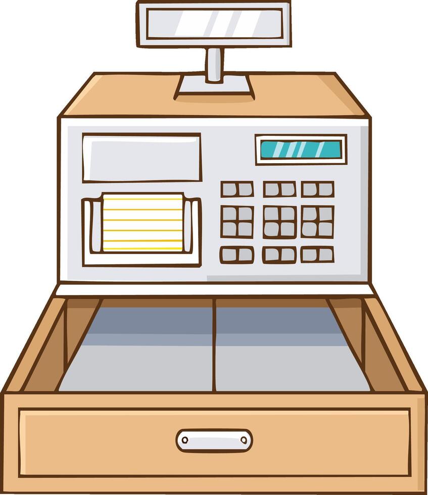 Cartoon illustration of a cash register with an open drawer and a display screen vector
