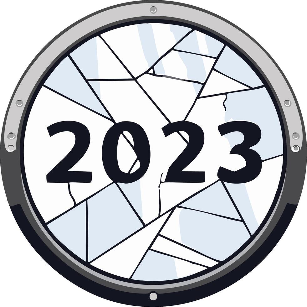 The number 2023 seen through a shattered round window a symbol of a difficult or broken year vector