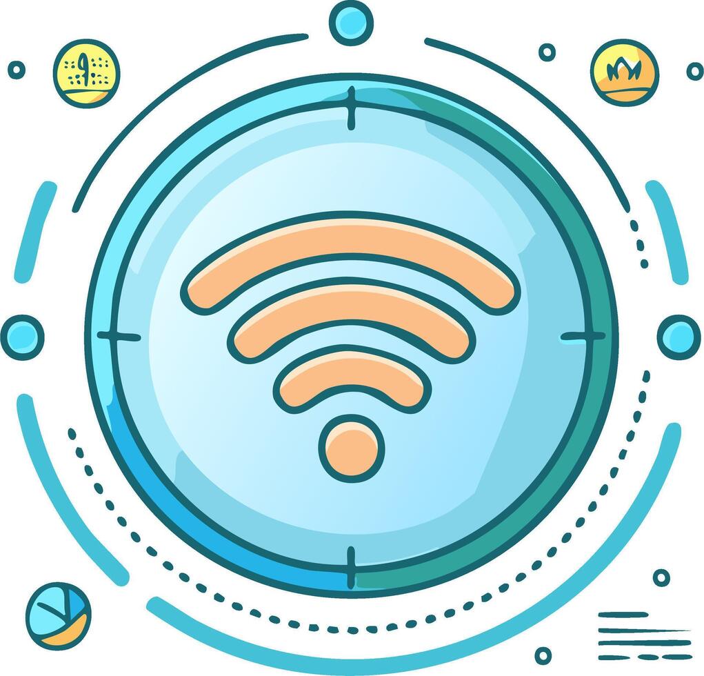 Circular Wi-Fi signal strength indicator with network connection icons and data analytics symbols vector