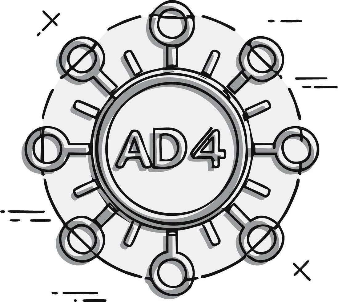 Doodle style illustration of a central hub connecting multiple nodes, symbolizing network, data, and communication vector