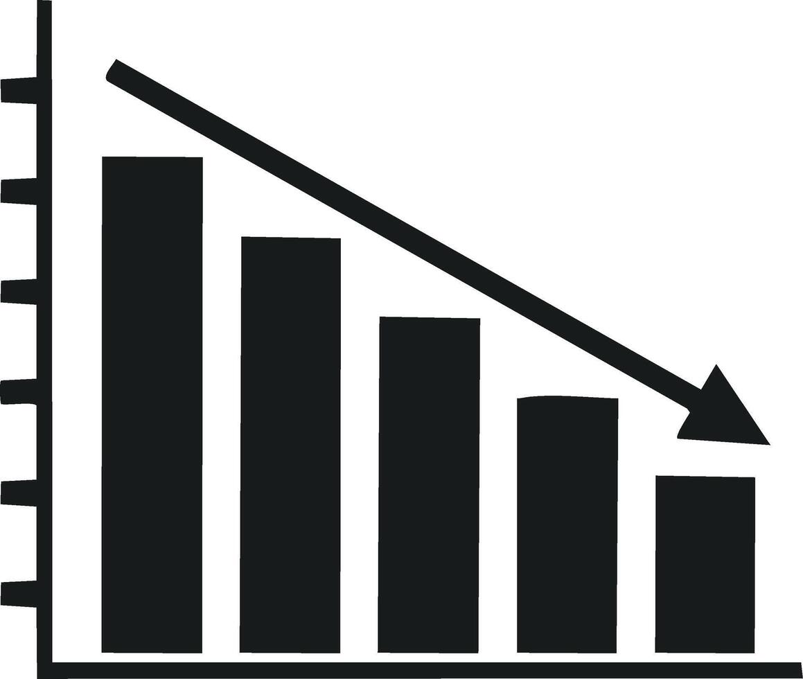 Declining business financial chart with downward arrow and bar graphs showing decreasing trend vector