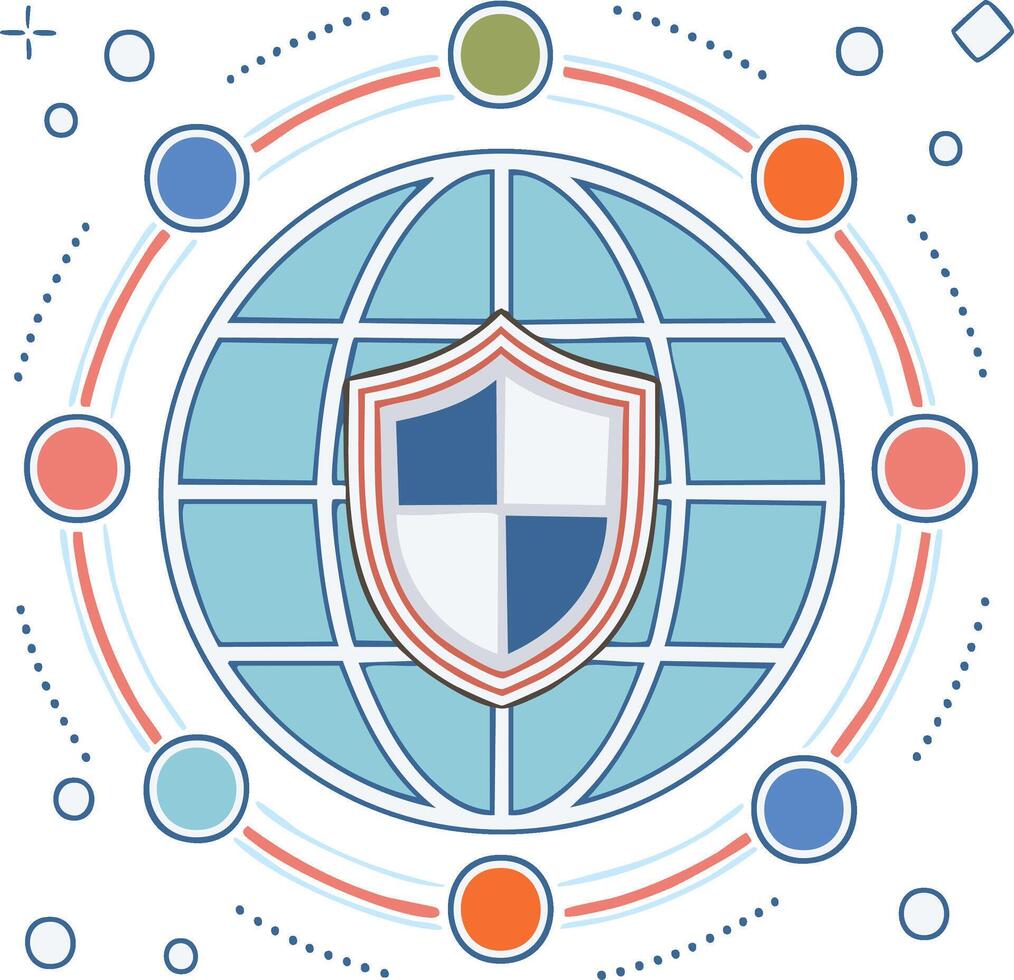 Digital security shield protecting globe network with abstract design vector