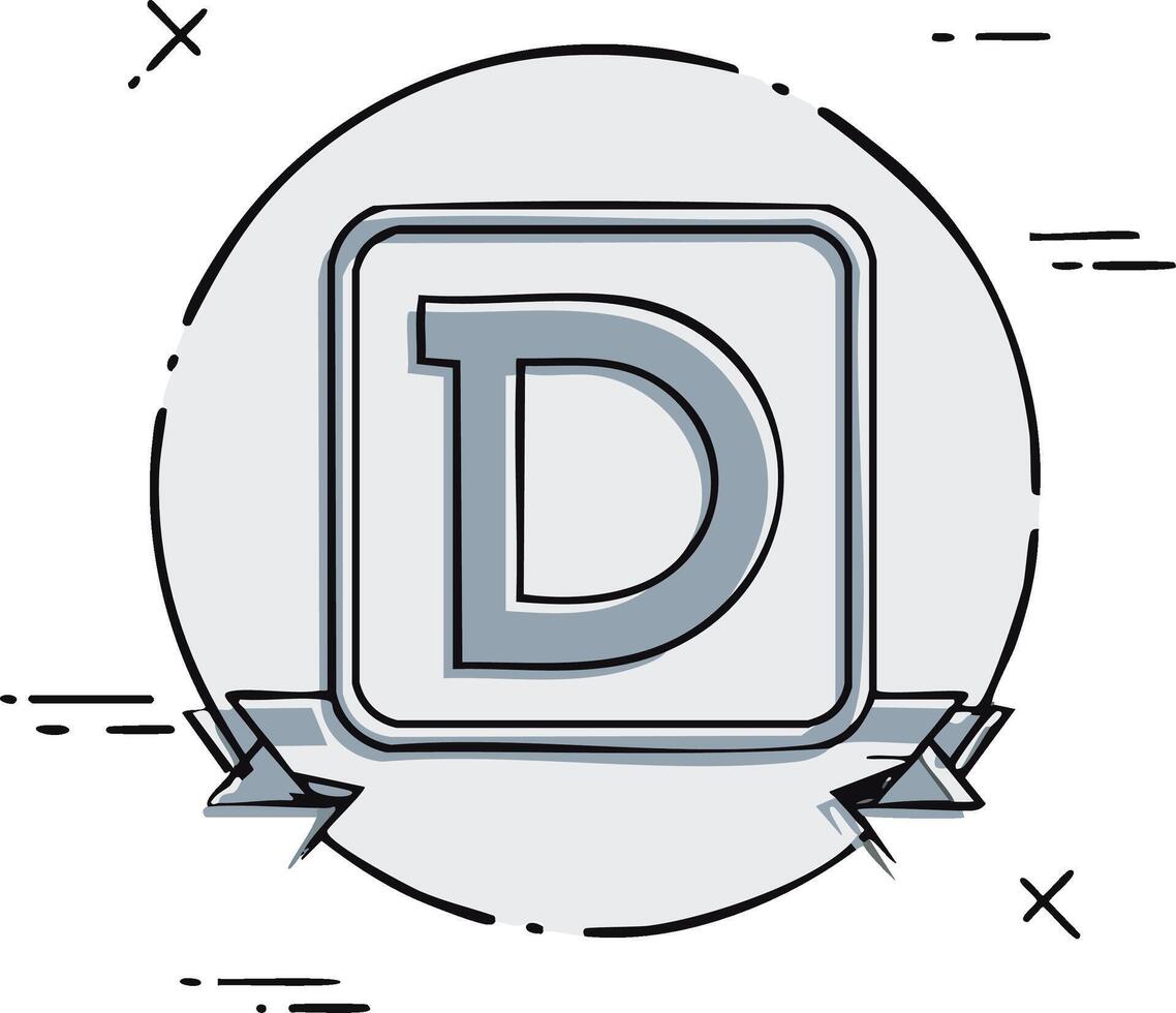 Letter D inside a square in a circle with ribbon and sketchy elements vector