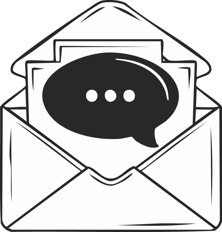 Black and white line art of an open envelope with paper and a chat bubble symbol for new message or email communication vector
