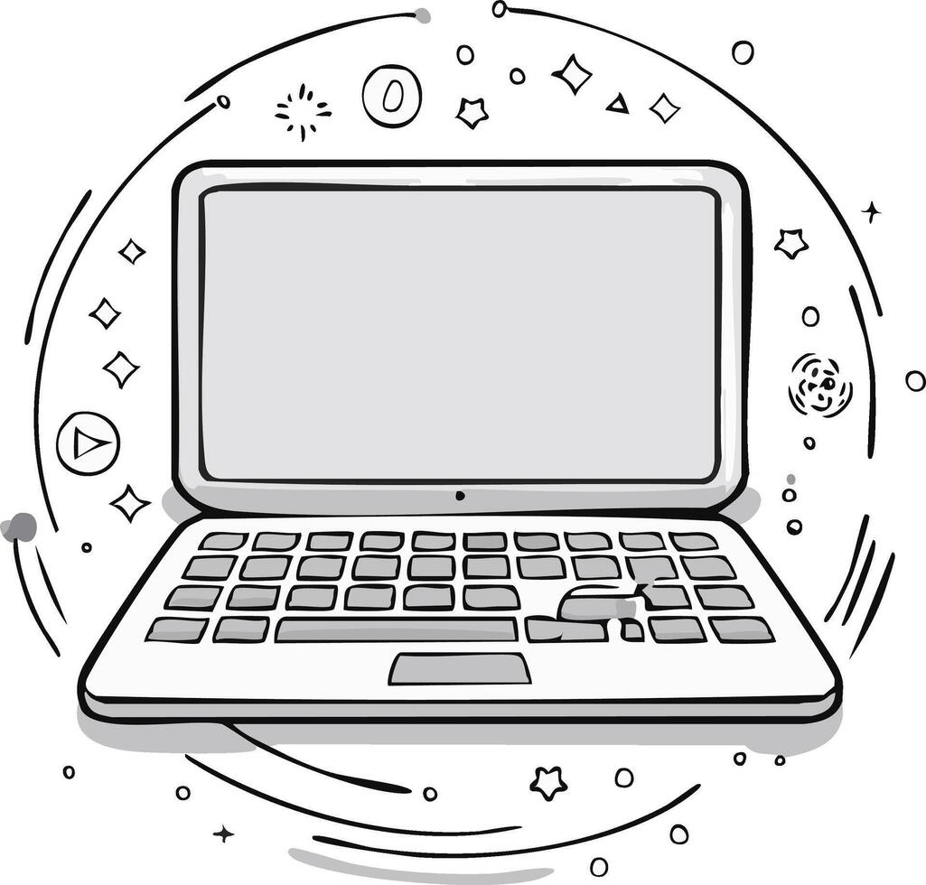 Laptop Computer with Doodle Style Illustration Elements Tech Gadget Open Device vector