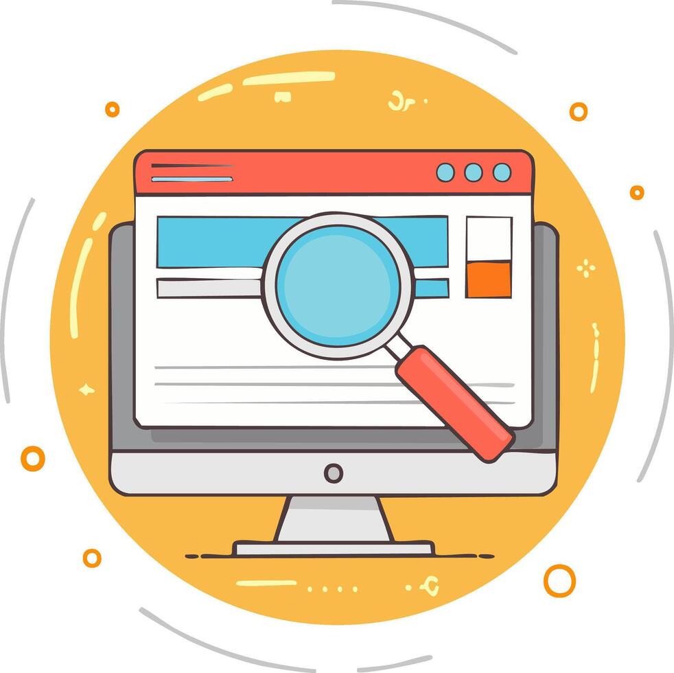 en línea buscar y digital datos análisis concepto con un aumentador vaso terminado un computadora monitor y web navegador pantalla vector