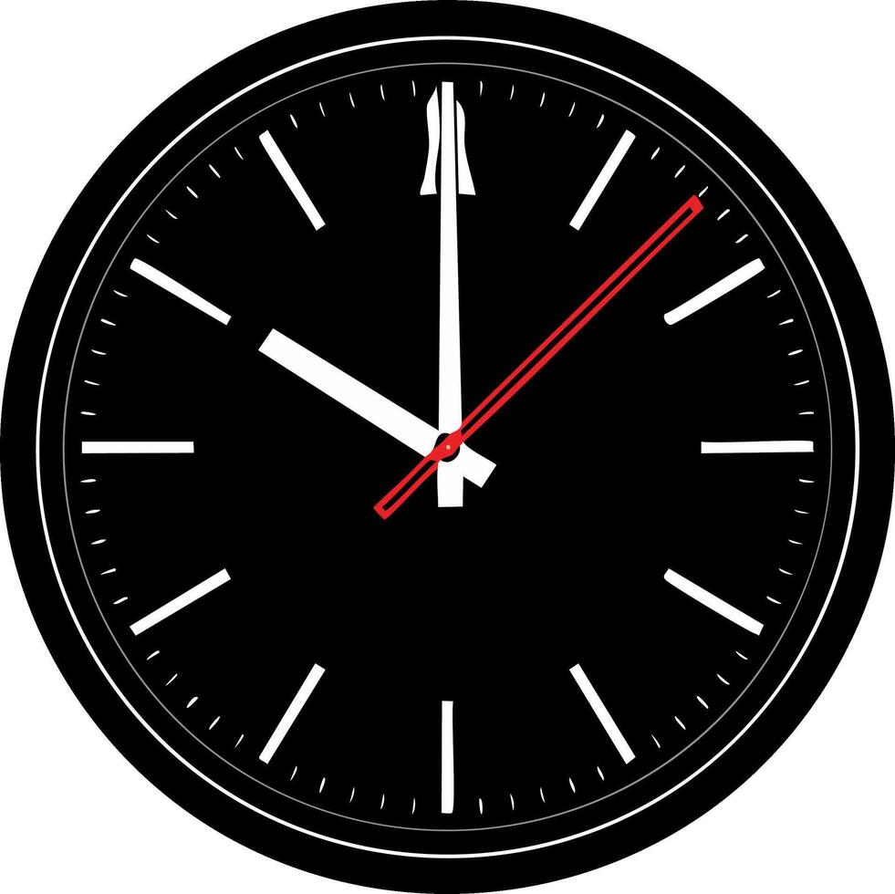 Sleek Black Analog Clock Displaying Exact Time with Contrasting Red Second Hand vector