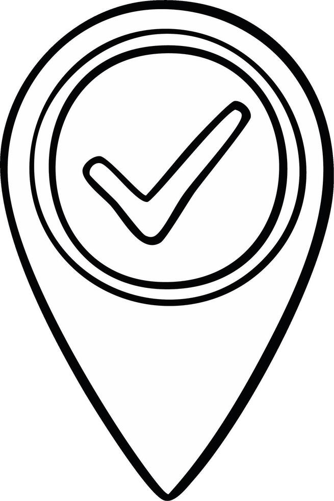 Hand drawn map pin icon with checkmark inside symbolizing confirmed location or approval vector