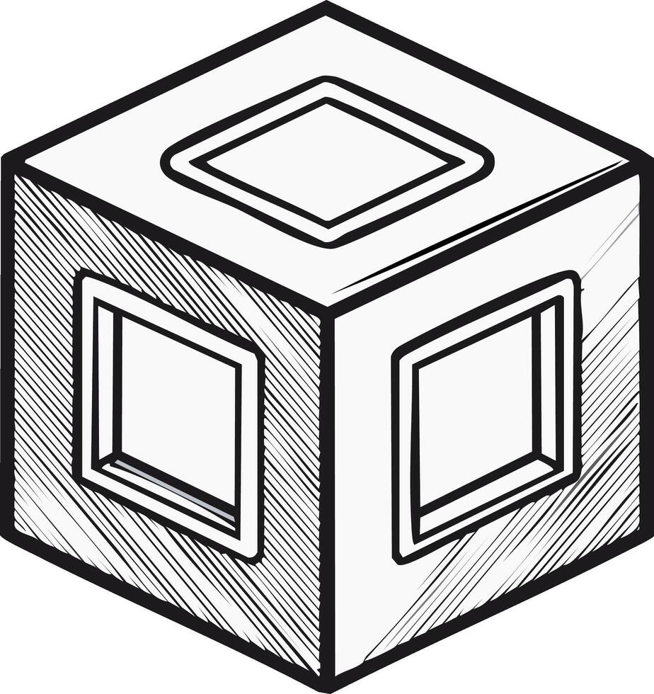 Isometric cube illustration with square cutout windows and etched textures vector