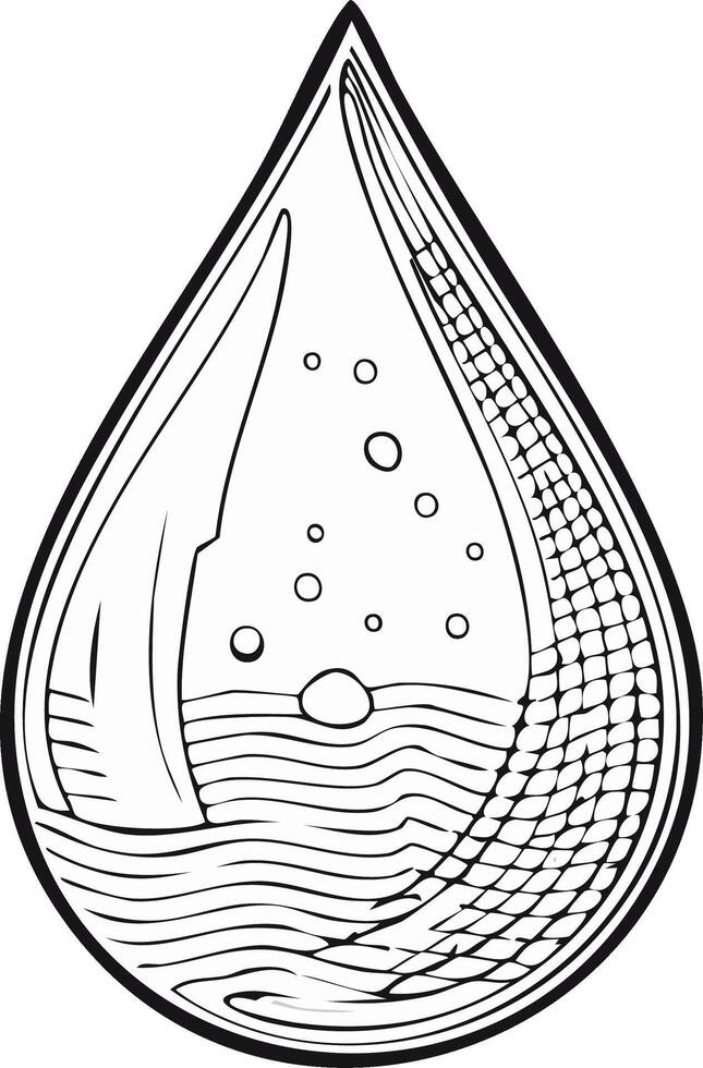 Minimalist water drop illustration featuring internal bubbles, wavy lines, and net pattern vector