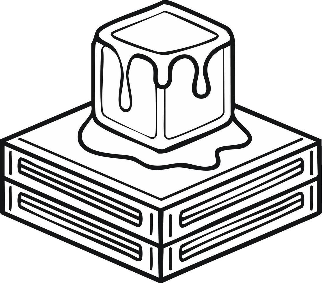 Drawing style illustration of ice cube melting on top of box. Outline sketch depicts frozen cube covered with water on a square shaped box vector
