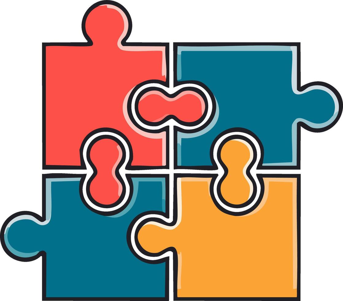 Colorful four piece jigsaw puzzle connected together as a symbol of teamwork and problem solving vector