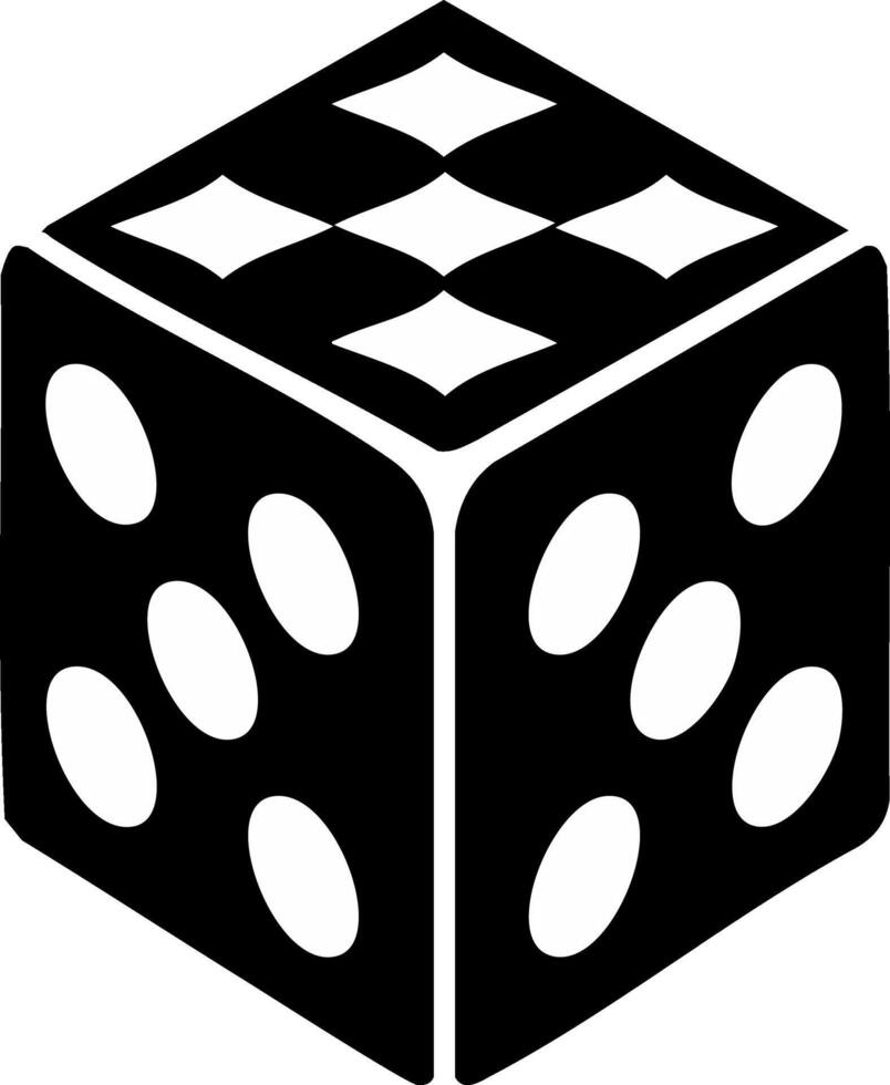 Stylized black and white isometric game die showing numeric pips and unique checkerboard pattern vector