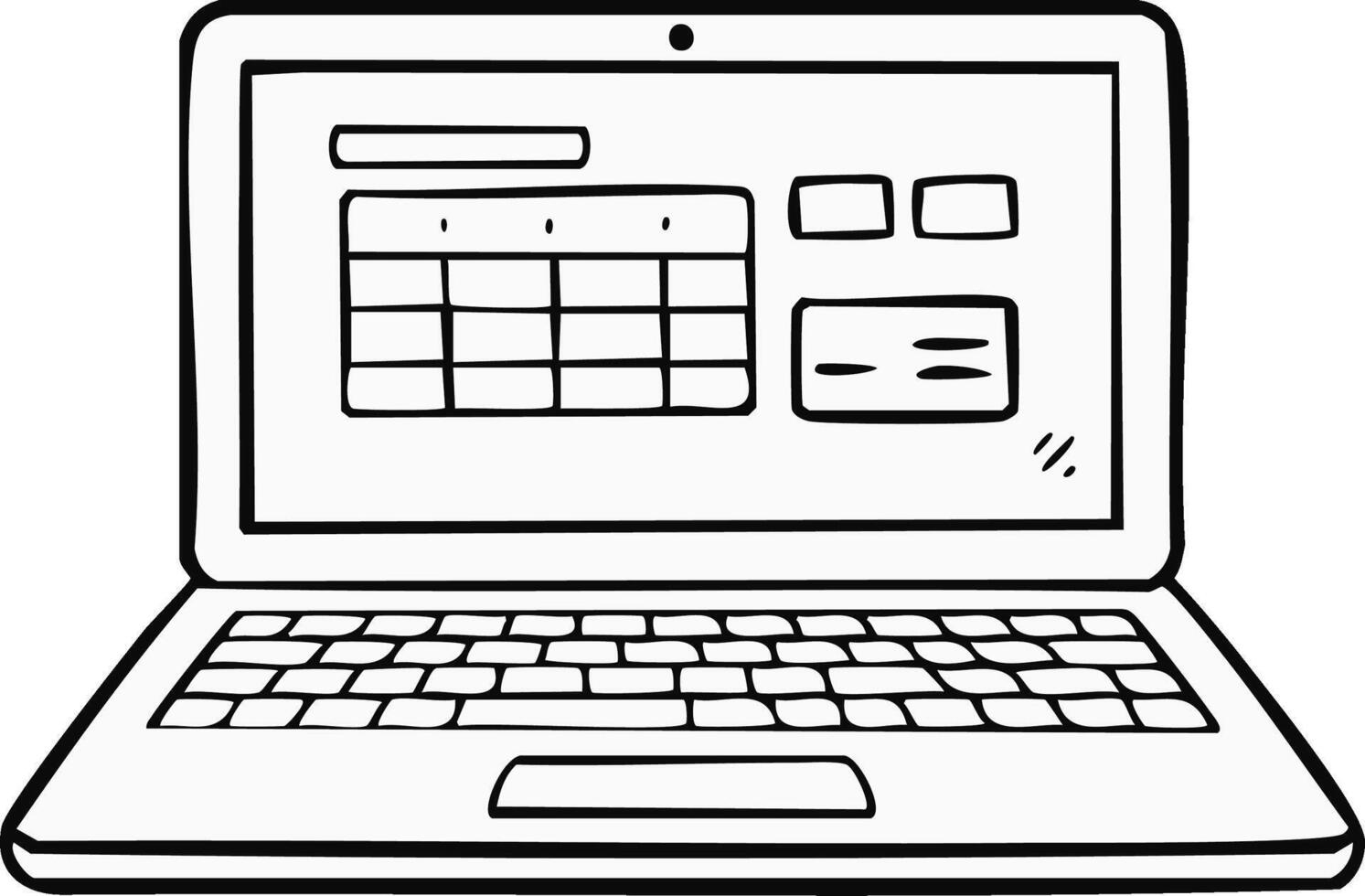 Doodle style laptop showing spreadsheet, data, and user interface elements on the screen, for technology and information illustration vector
