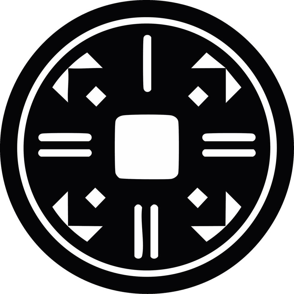 Symbolic ancient coin icon with square hole and arrows representing prosperity and wealth, in black and white vector