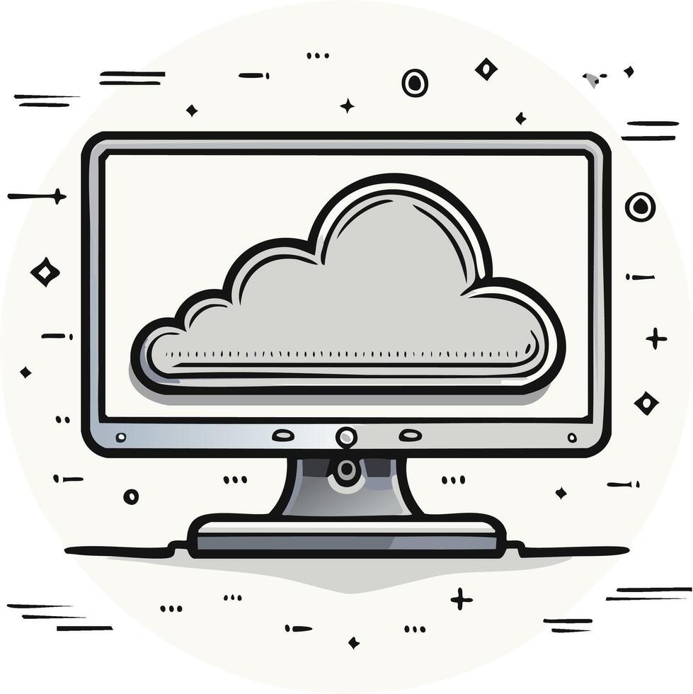 Cloud storage on a Computer screen with hand drawn decoration elements in a simple cartoon style vector