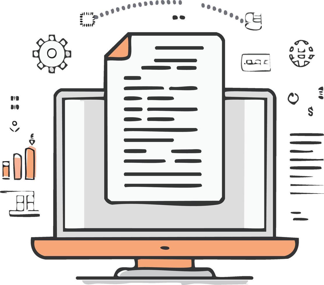 Computer screen displaying document with financial and technical icons surrounding it vector