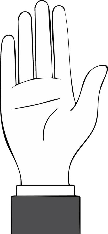 Minimalist line art illustration of an upright human hand with open palm gesture, showing stop or presentation vector