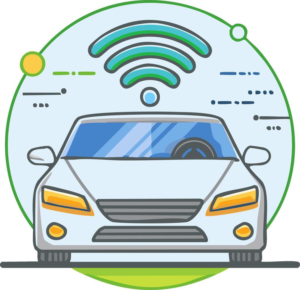 Modern autonomous vehicle with wireless connectivity signal and circular graphic vector