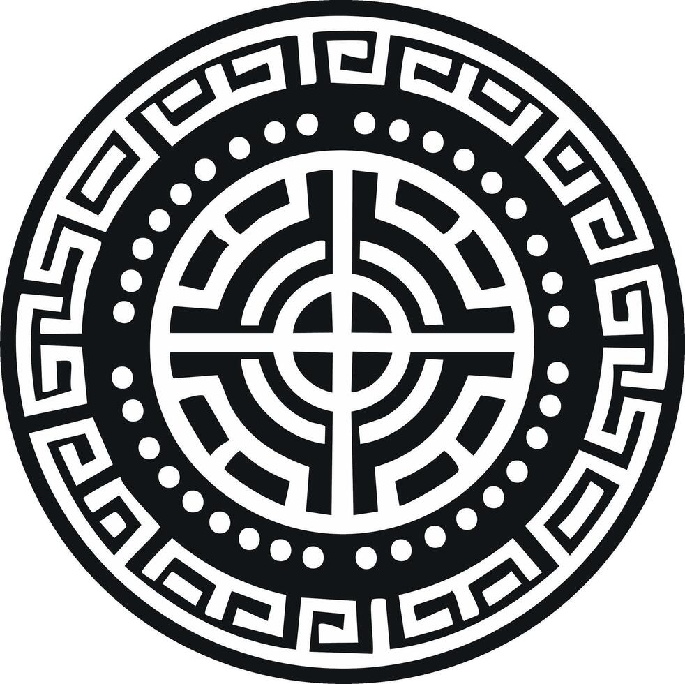 Intricate Circular Labyrinth Pattern Emblem Design with Geometric Shapes and Dots vector