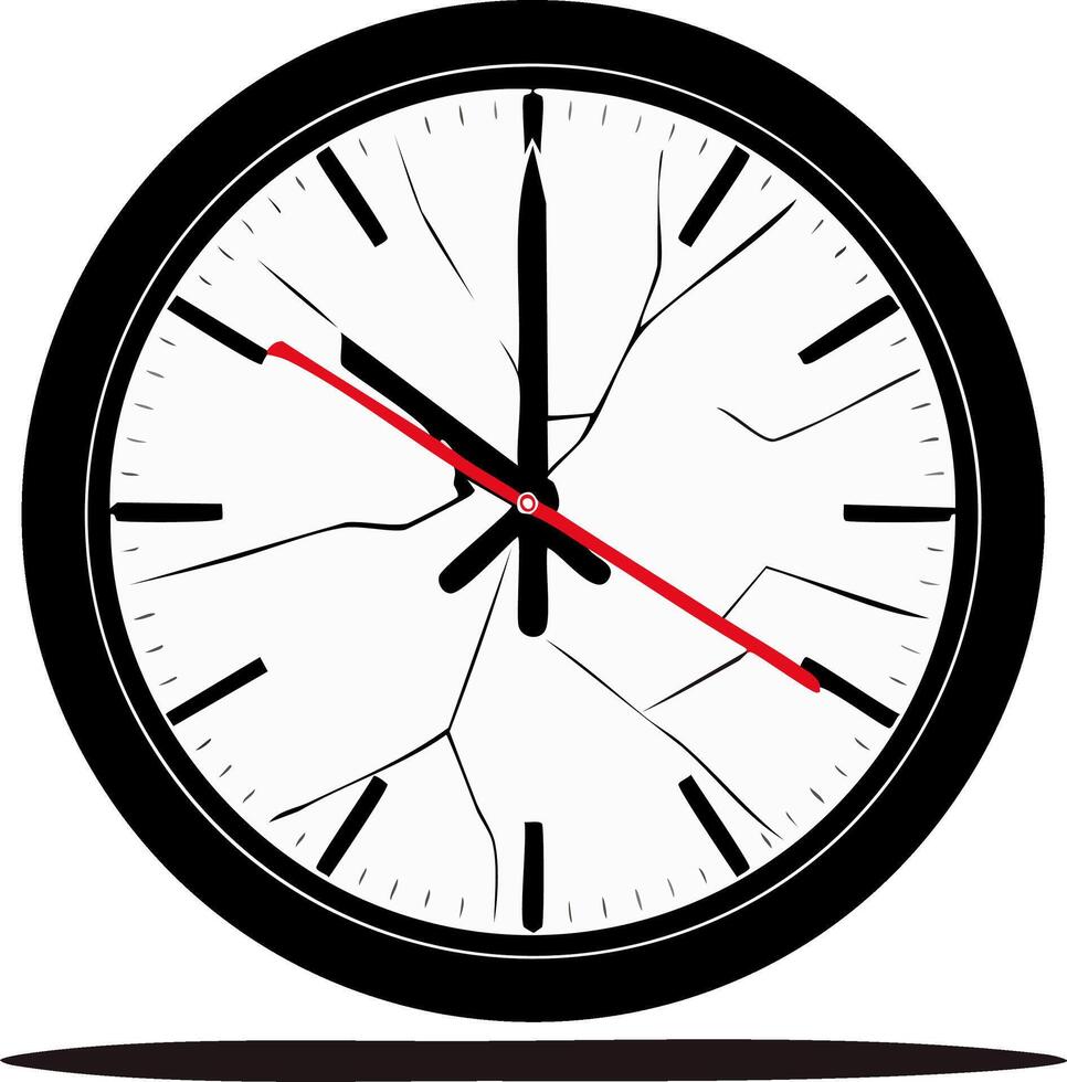 Broken clock with a cracked face illustration symbolizing the end of time or a deadline vector
