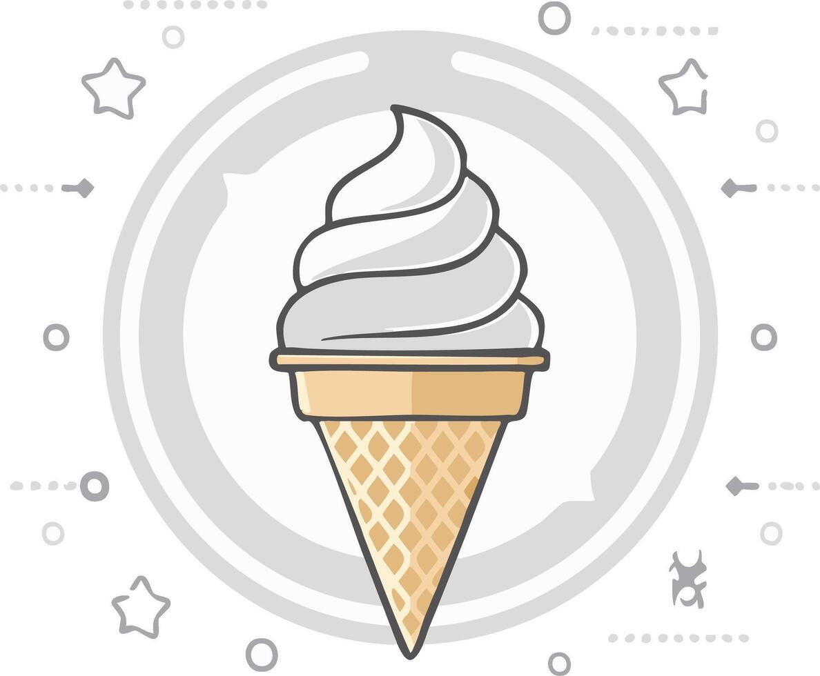 A whimsical cartoon illustration of a vanilla soft serve ice cream cone with a swirl on a decorative graphic background vector