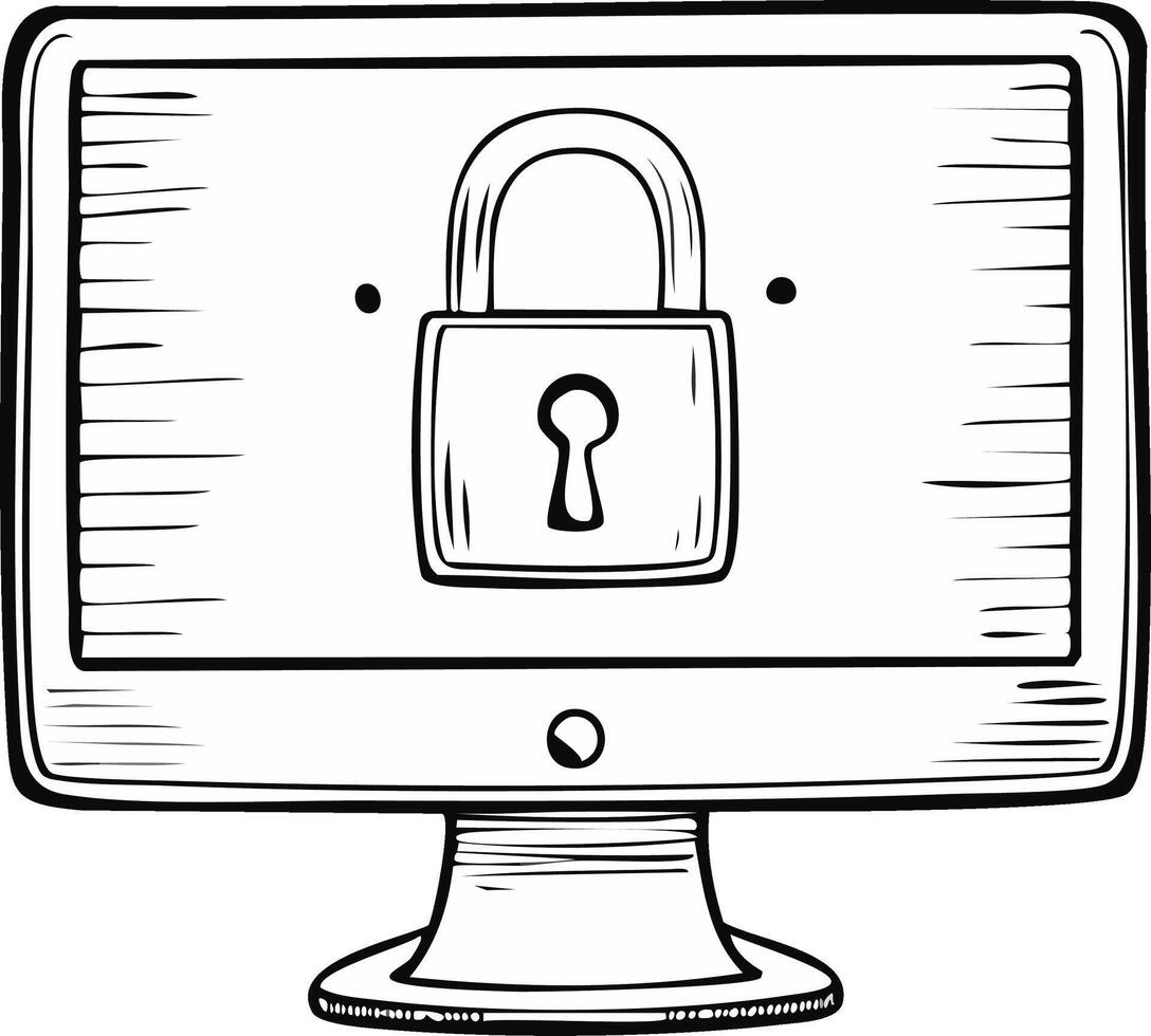 Monochrome Computer Screen with Security Padlock, Symbolizing Data Safety and Cyber Protection, Hand Drawn Illustration vector
