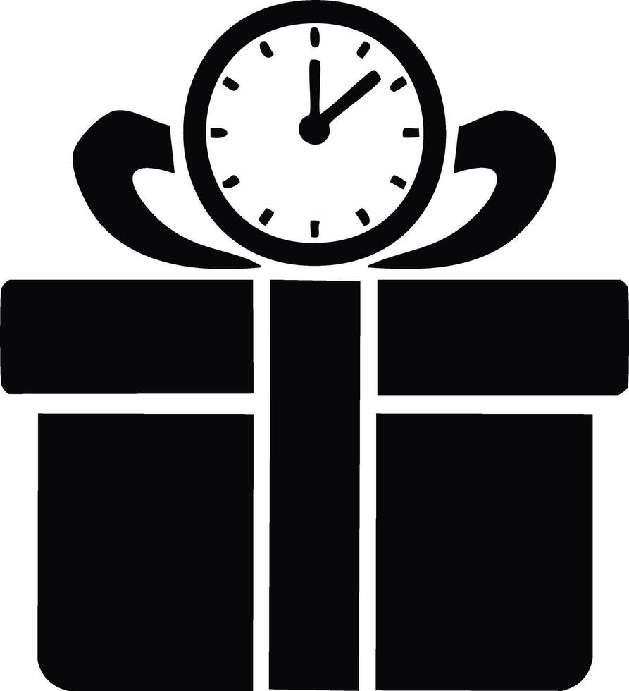 Black icon of a gift box with a clock representing a timely present or countdown vector